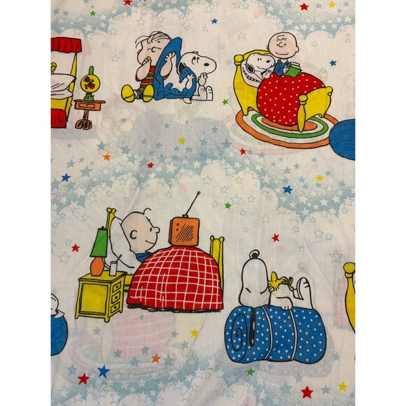Vintage Peanuts Snoopy Twin Flat Bed Sheet Charlie Brown Sleepover - Picture 3 of 4